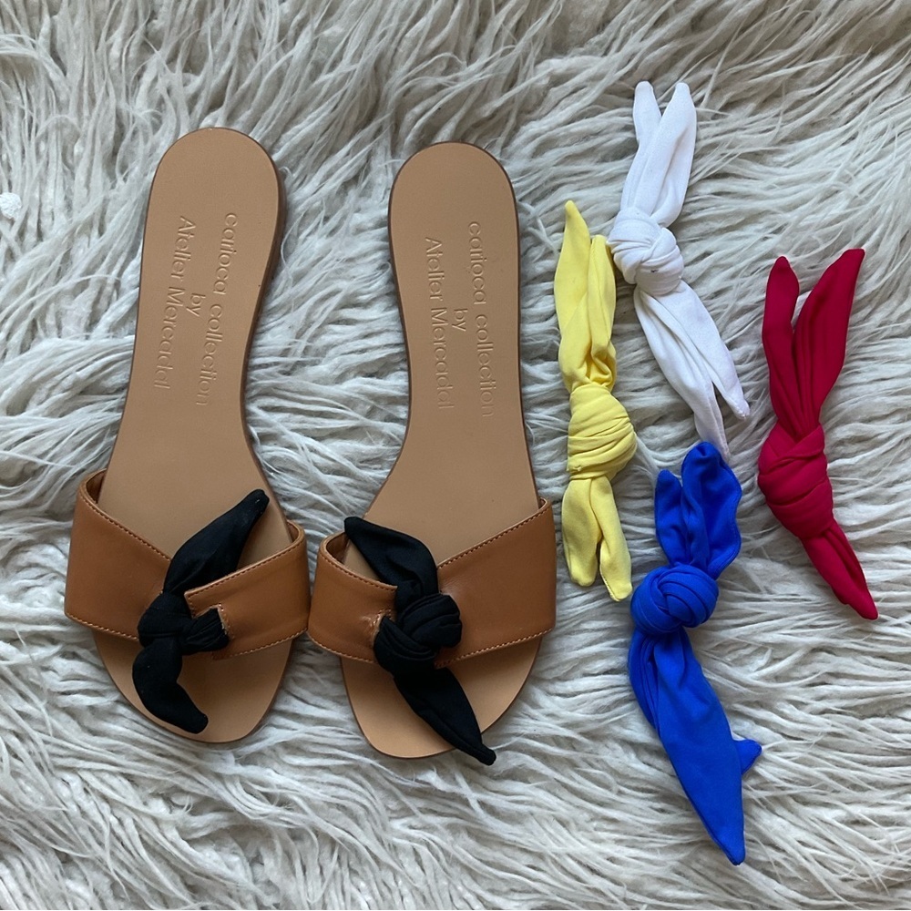 Carioca Collection Tan Leather Interchangeable Multi Colored Bows Sandals Sz 39